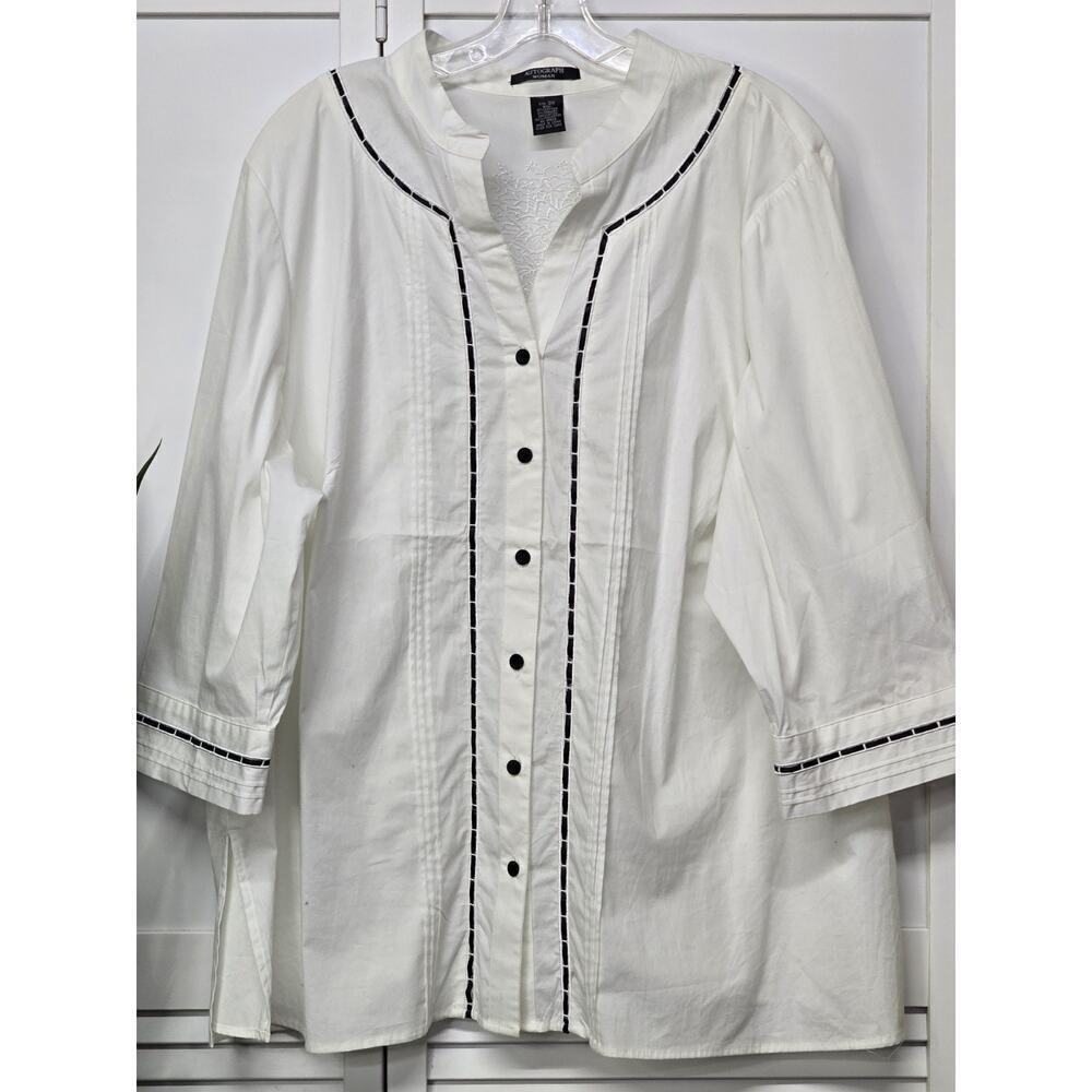 Autograph Woman Boho Embroidered Ribbon Detail Collarless Button Up Blouse SZ 3X